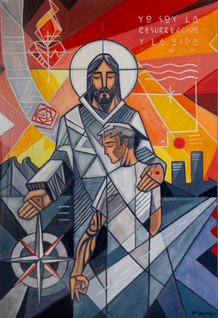 Painting or illustration of Jesus Christ and young man, with some symbols , cityscape and a pharse in spanish that means: I am the resurrection and the life
