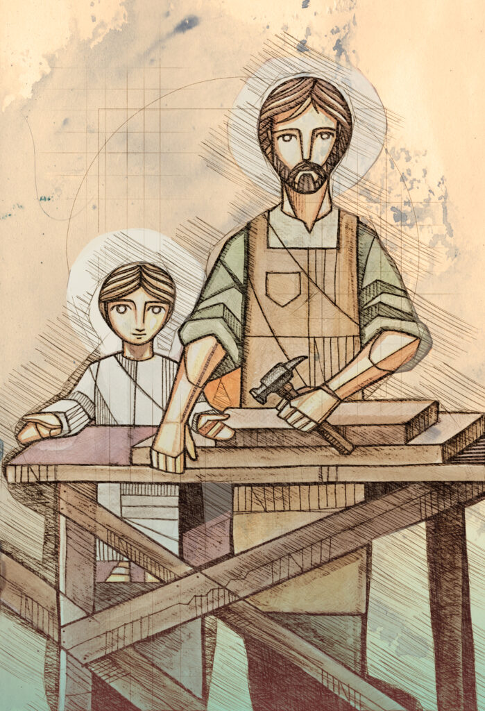 Hand drawn illustration or drawing of Jesus as child and Saint Joseph working as carpenters