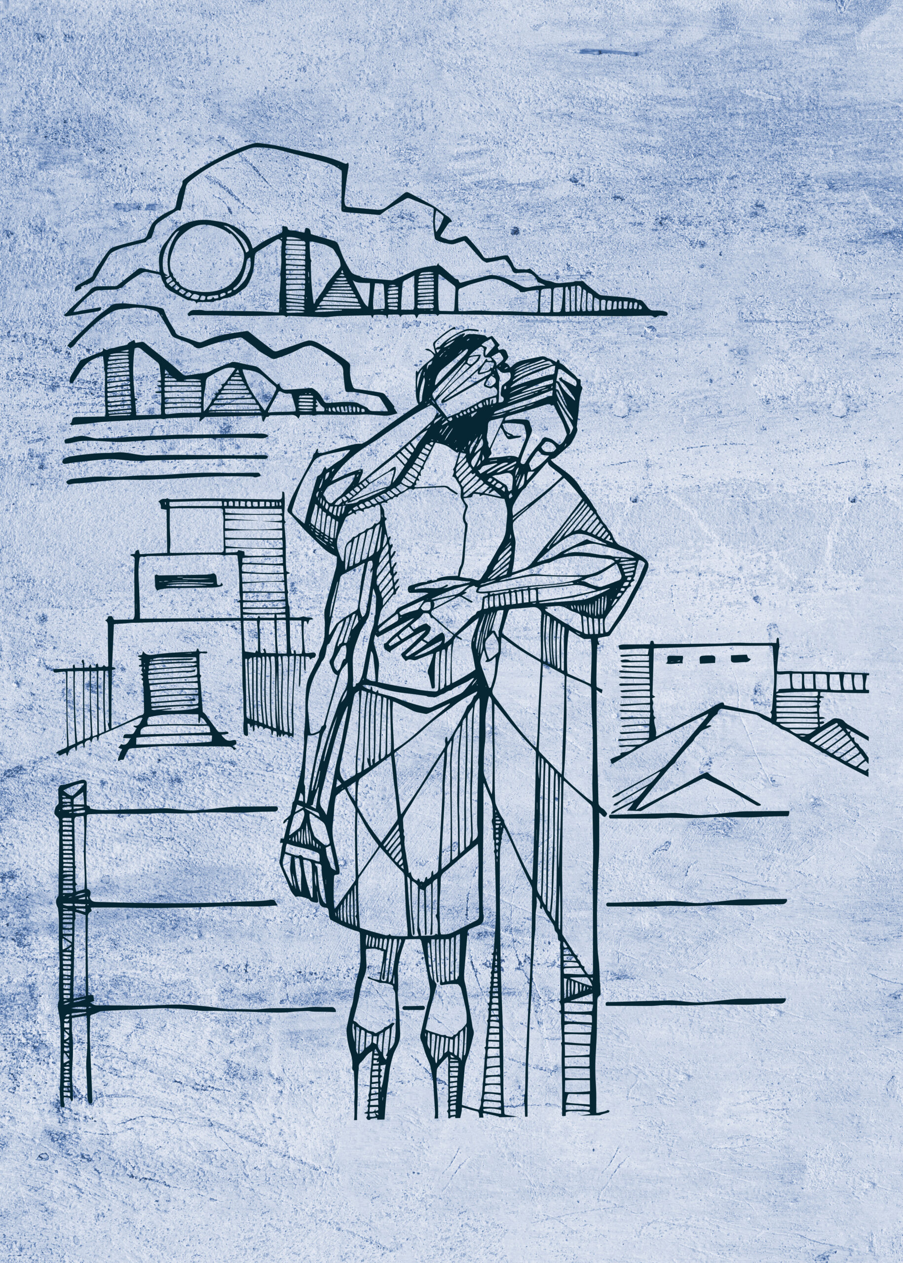 Hand drawn illustration or drawing of the christian biblical parabole of the prodigal son