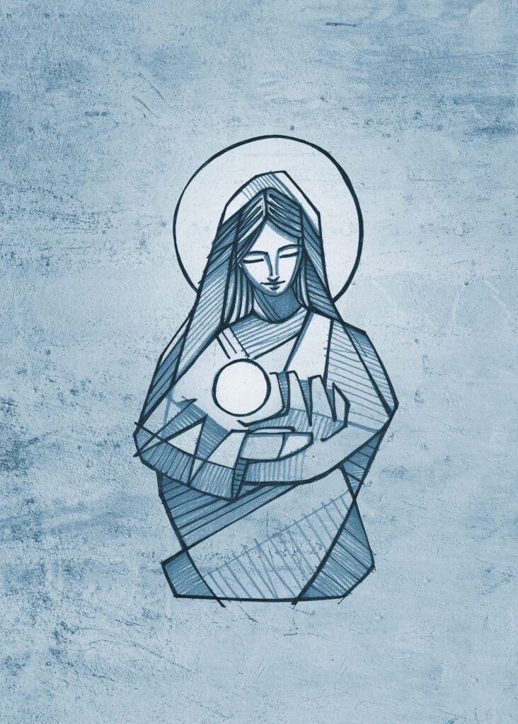 Hand drawn illustration or drawing of Virgin Mary with baby Jesus Christ