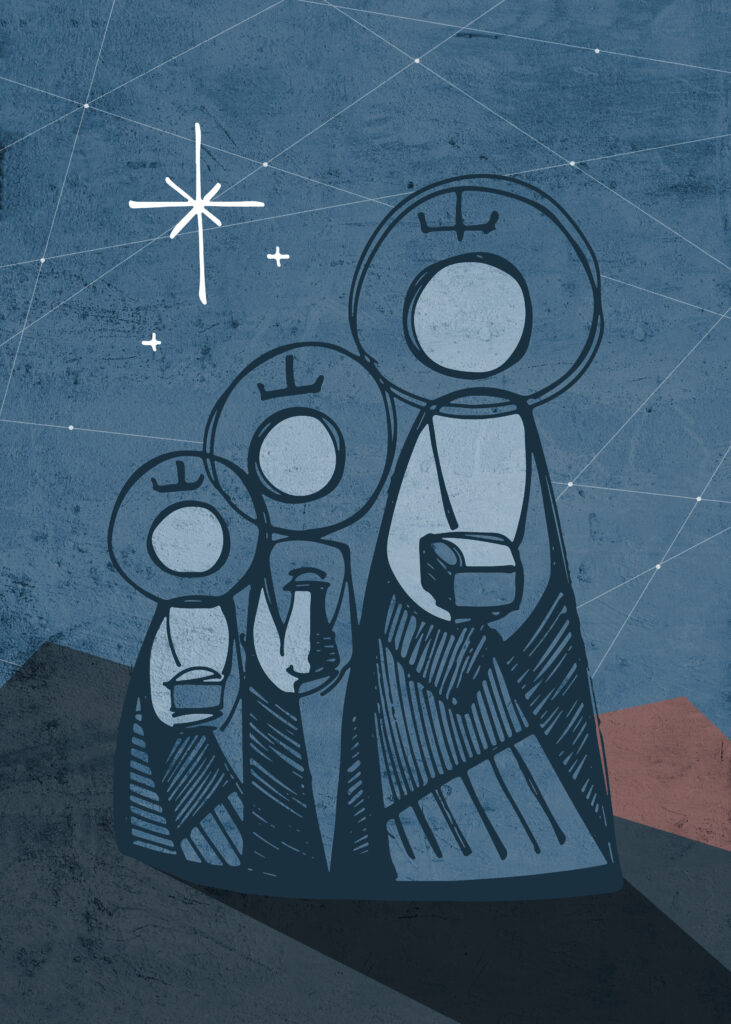Hand drawn illustration or drawing of the three biblical wise men