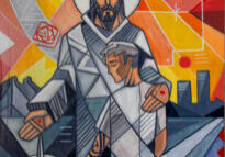 Painting or illustration of Jesus Christ and young man, with some symbols , cityscape and a pharse in spanish that means: I am the resurrection and the life