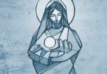 Hand drawn illustration or drawing of Virgin Mary with baby Jesus Christ